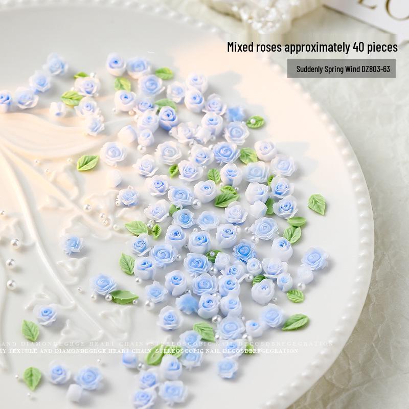 Розовый 3D дизайн ногтей с розами, цветами из смолы и миксом жемчуга