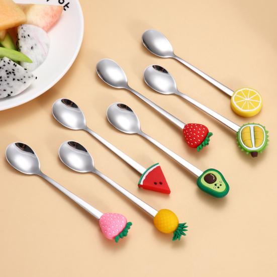 Stainless Steel Spoon, with Strawberries Durians Watermelons Avocados Decor, Durable Rust-Resistant Dessert Spoon, for Coffee Tea Stirring And Eating