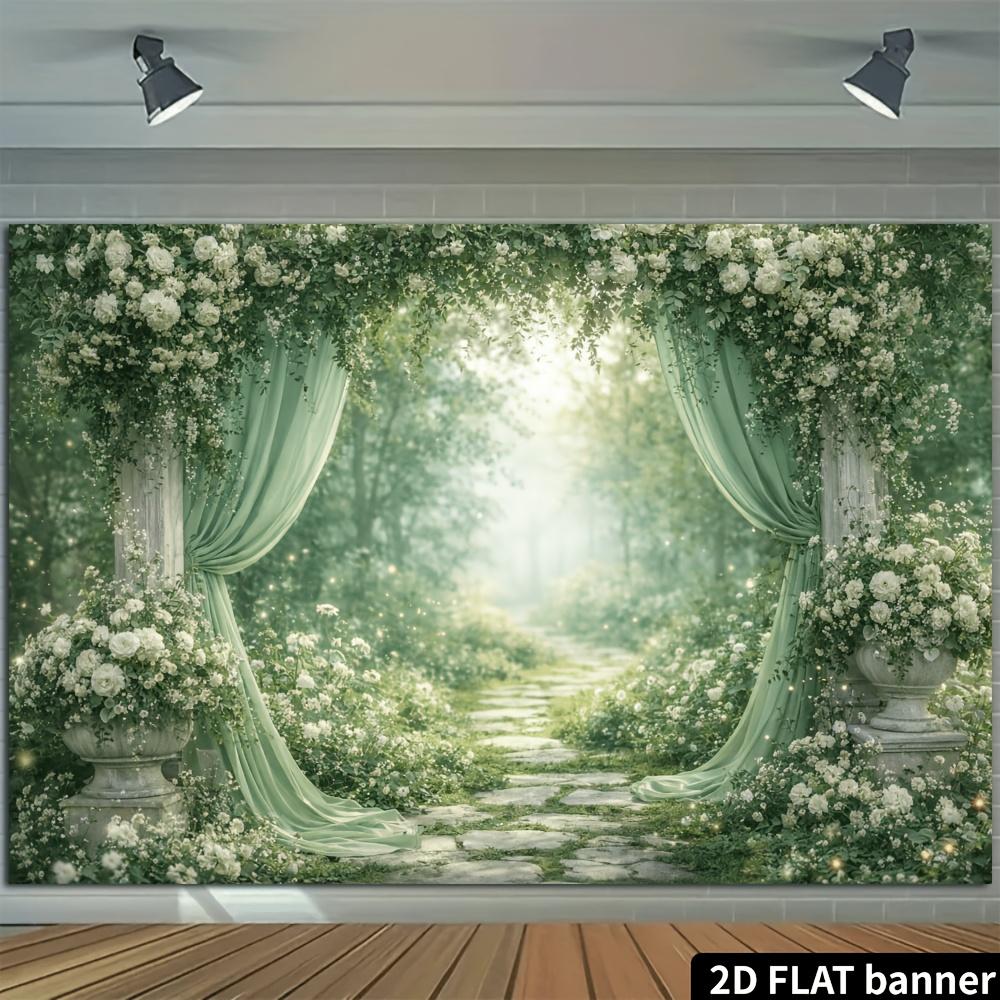 2D plane pastel white rose drapes stone path with Roman columns as background fabric wedding photo shooting polyester fiber