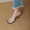 2025 Summer Narrow Band Heel Sandals Women Thick Heel 7 CM Ankle Strap Square Toe Ladies Dress Sandalias Women's Shoes