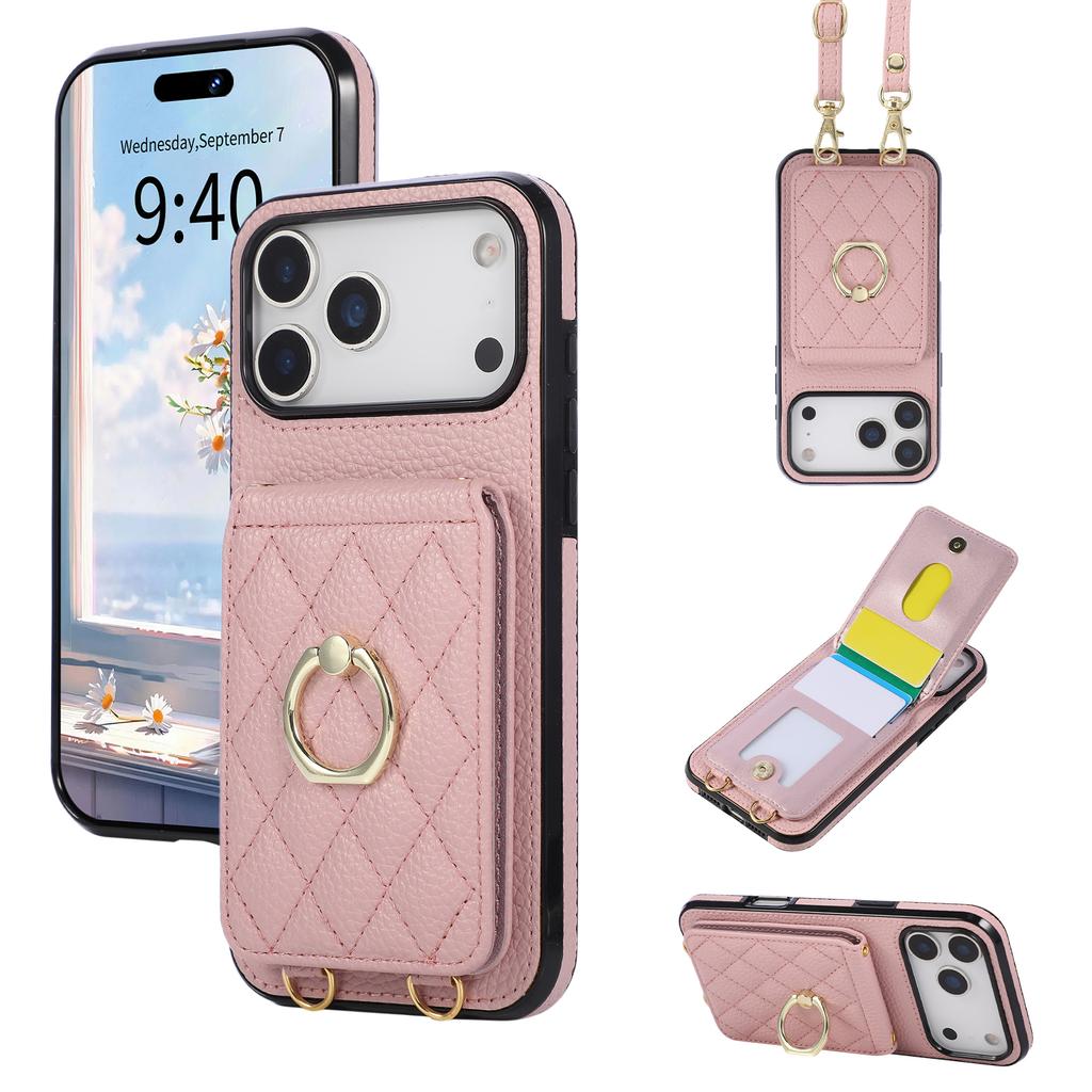 Кошелек-чехол на шею с кольцом-держателем и слотами для карт для iPhone 17 Pro Max 16 Plus 15 14 13 12 11 с длинным ремешком