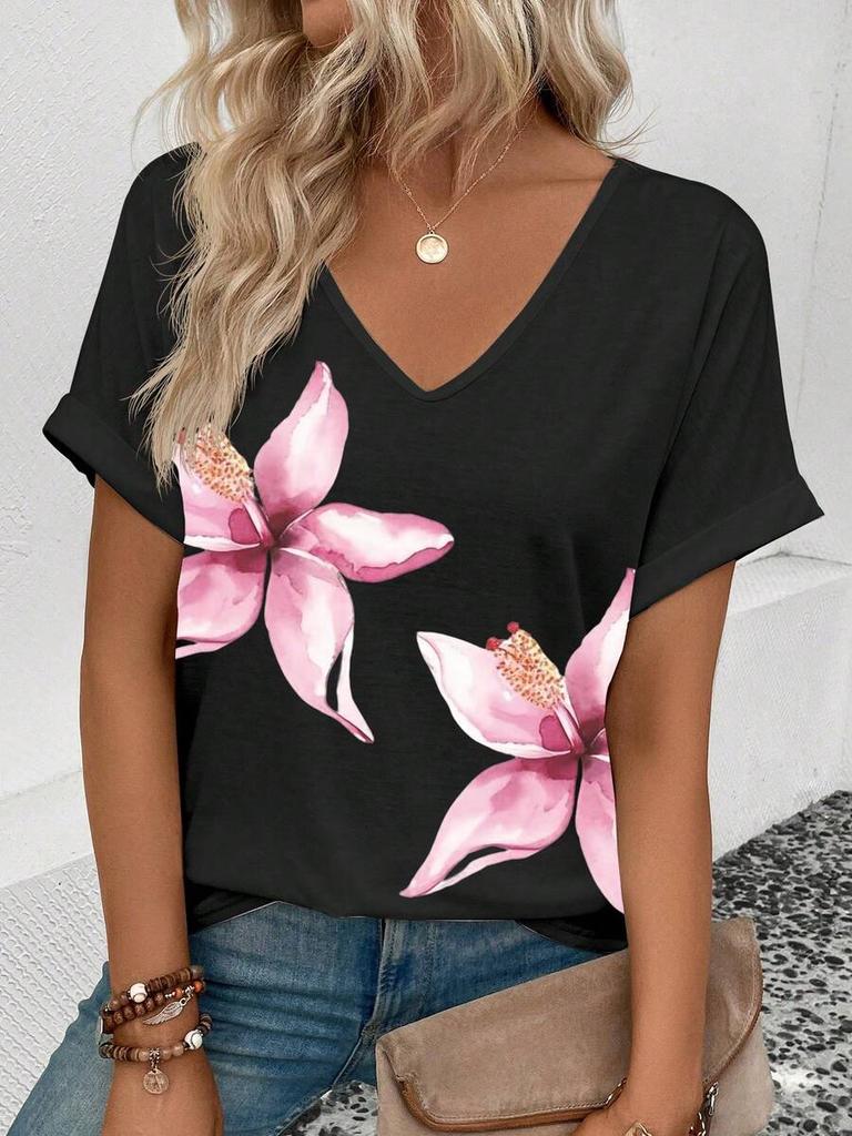 Floral Print V-Neck T-Shirt, Rolled Short Sleeve Casual Top For Women