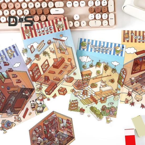 4 Set 3D DIY House Scene Stickers Stress Relief Decals Supermarket Coffee Shop Bookstore Sun Room Library Tear-resistant Surface Stickers