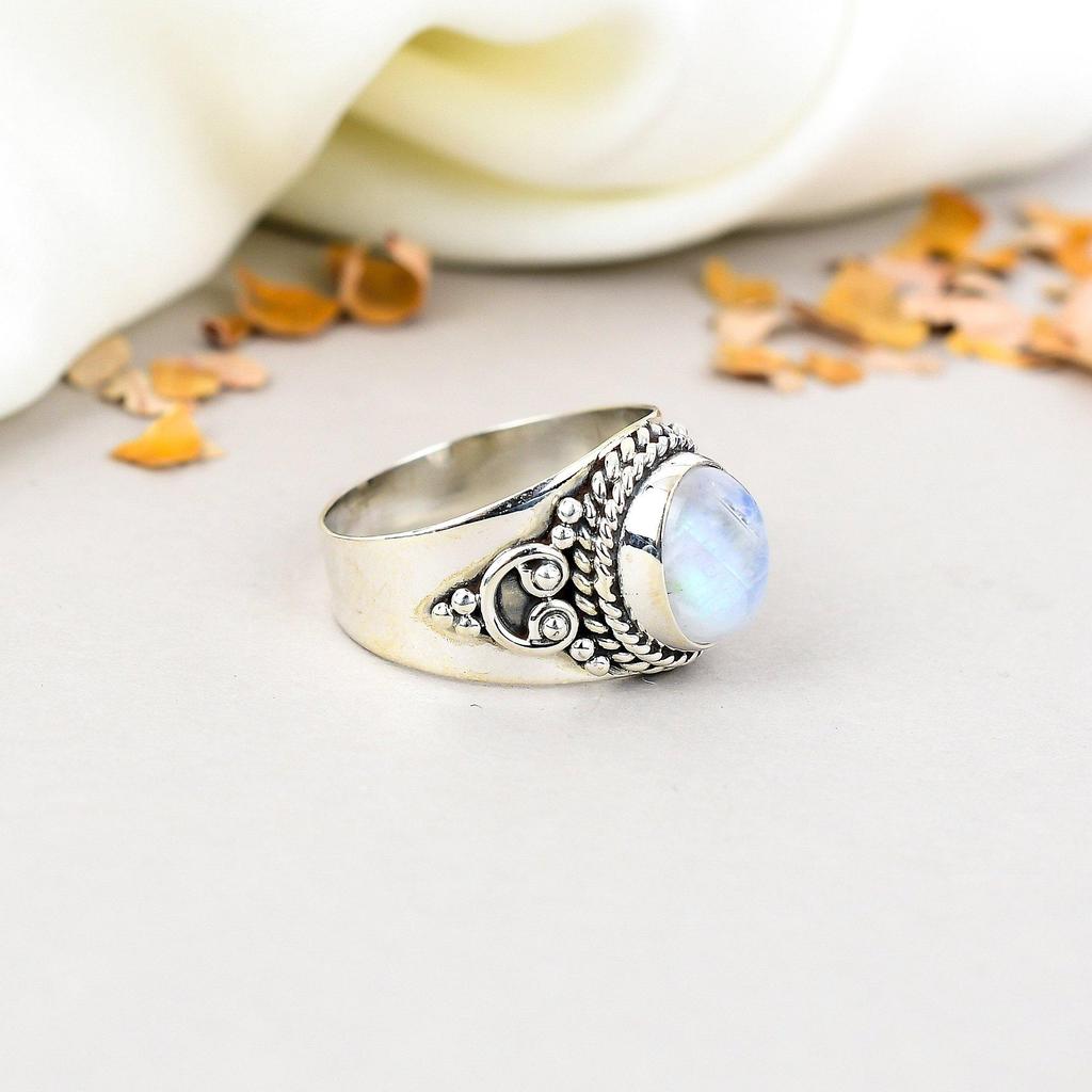 Кольцо из стерлингового серебра 925 пробы с радужным лунным камнем овальной формы, бохо-украшение для женщин