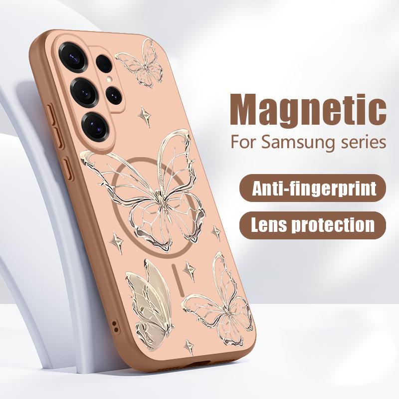 Чехол с узором «Цветы и бабочки» для Samsung Galaxy S26 Ultra S25 Edge S24 Plus S23 FE S22 A17 A54 A55 A56 A57 5G Магнитный для Magsafe Матовый чехол