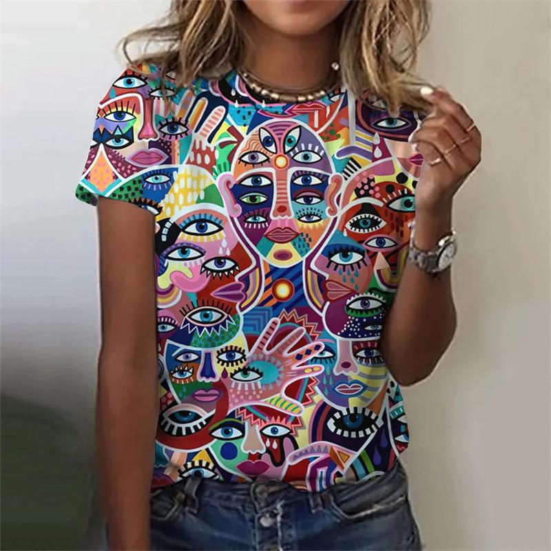 Абстрактная женская футболка с принтом лица в виде 3D-абстракции, повседневная свободная футболка Harajuku с круглым вырезом и коротким рукавом для женщин