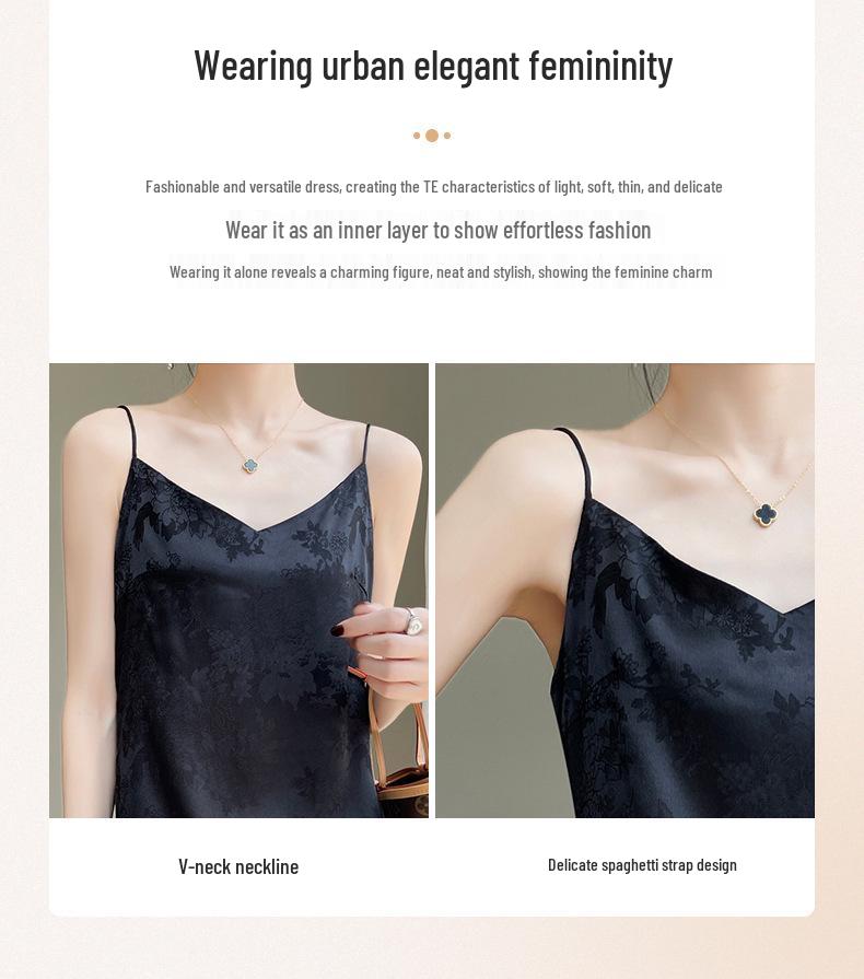 Женское платье из жаккардового сатина с V-образным вырезом и бретелями-спагетти - Приталенное, Высококлассный французский дизайн для весны/лета