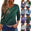 Женская модная повседневная футболка с v-образным вырезом и семью рукавами, топ на пуговицах с градиентным принтом
