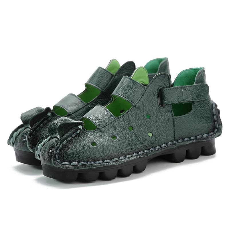 Summer Retro Handmade Genuine Leather Women Shoes Soft Flat Shoes Hollow Casual Women Sandals