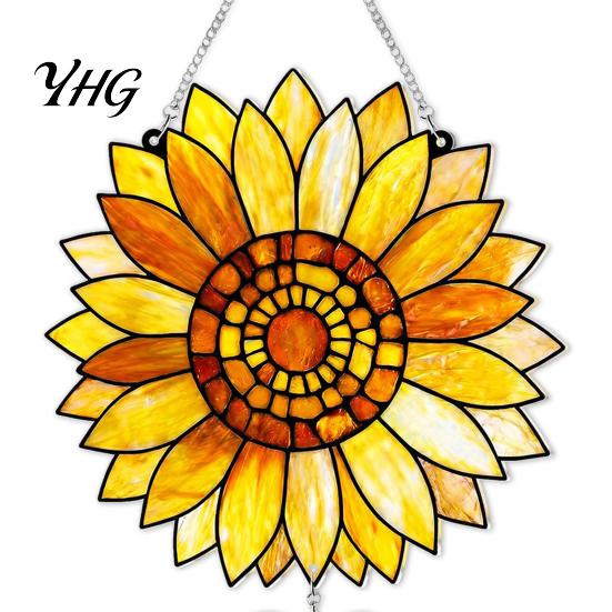 Sunflower Suncatcher for Window Stained Glass Style Pendant, Floral Wall Hanging Art with Metal Artistic Ornament Chain, Acrylic Home Garden