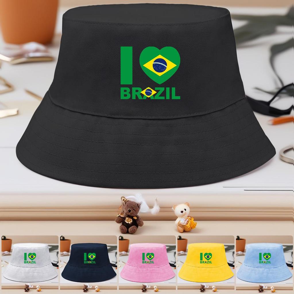 Flag of Brazil Print Bucket Hat , Patriotic Fisherman Cap Solid Color Unisex Candy Color Beach Hat