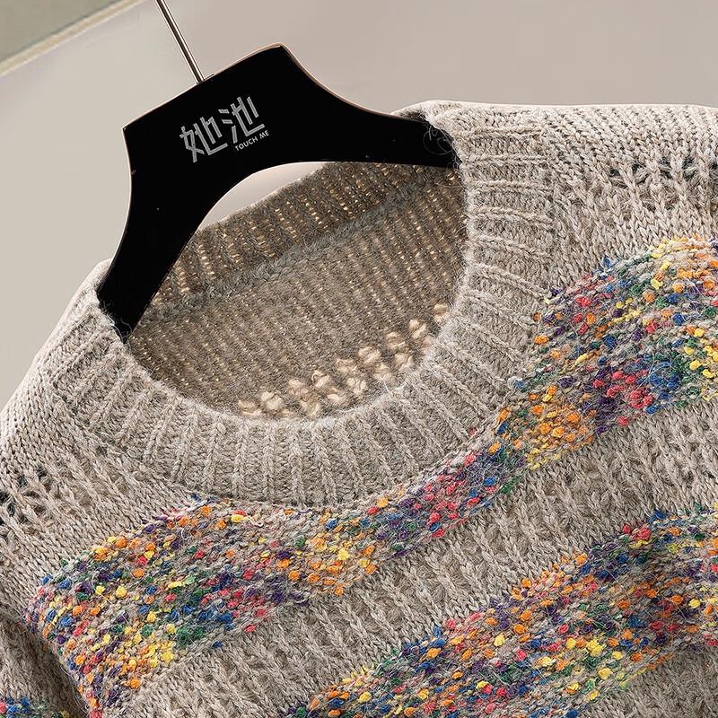 Женский полосатый свитер из смесовой шерсти с круглым вырезом и ажурной вязкой