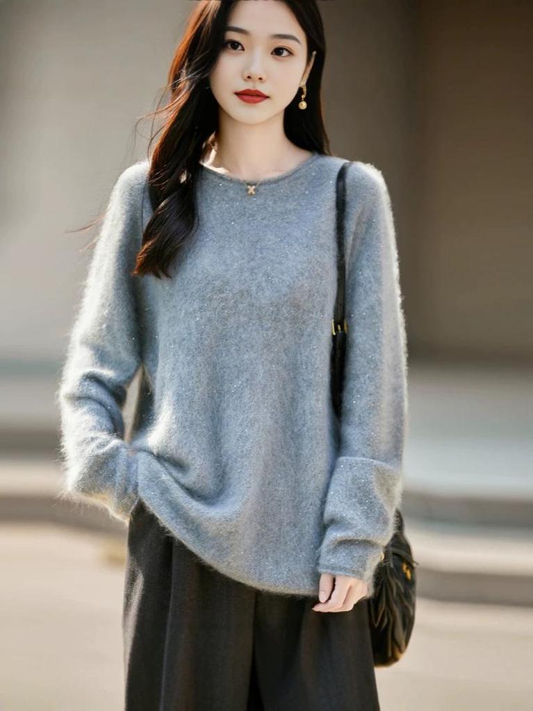 Women's Plus Size Korean Style Marled Yarn Cashmere Wool Sweater - Loose Fit, Brushed, Round Neck
