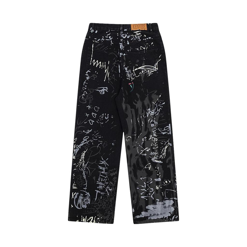 Unisex American Graffiti Print Wide-Leg Jeans - Niche Fashion