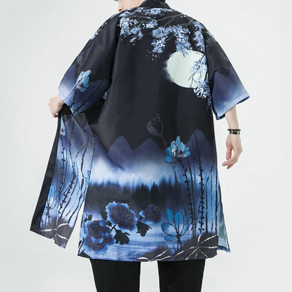 Унисекс Блузка Винтажный Стиль Японский Стиль Рукав 3/4 Удобная Посадка Кардиган С Принтом Птиц Халат С разрезами Подол Активный Путешествия Вечеринки Повседневный W