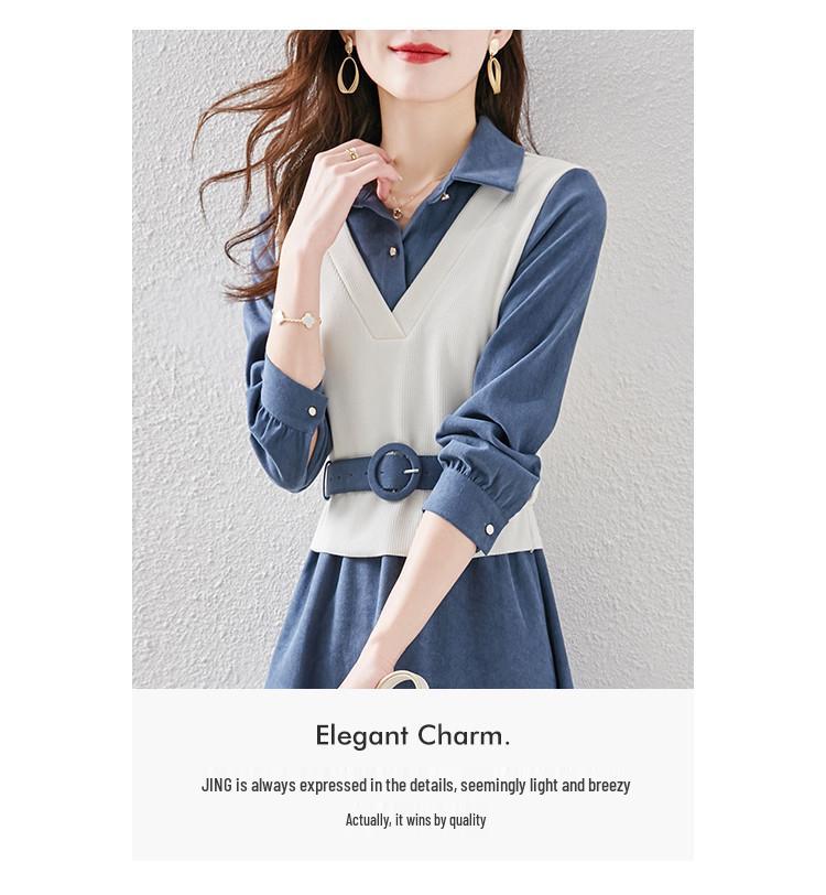 Трендовое женское платье А-силуэта весна 2024: С длинным рукавом, приталенное с большой расклешенной юбкой