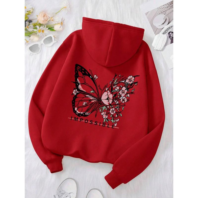 Rose Butterfly Graphic Unisex Hoodie with Drop Shoulder Sleeves