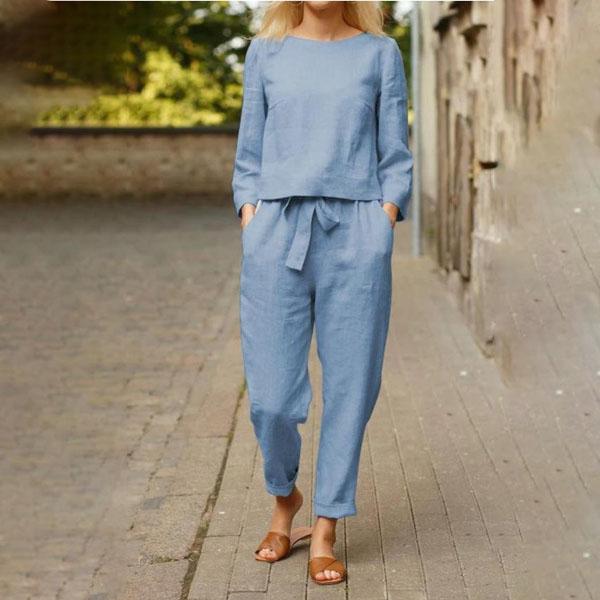 Женский комплект из 2 предметов: топ и брюки, круглый вырез, однотонная футболка с короткими рукавами, на шнуровке, регулируемая, большого размера