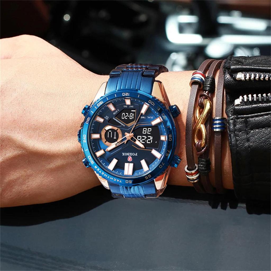 FOXBOX Sport Watches for Men Top Brand Luxury Dual Display Stainless Steel Band Waterproof Luminous Quartz Wristwatch+Box