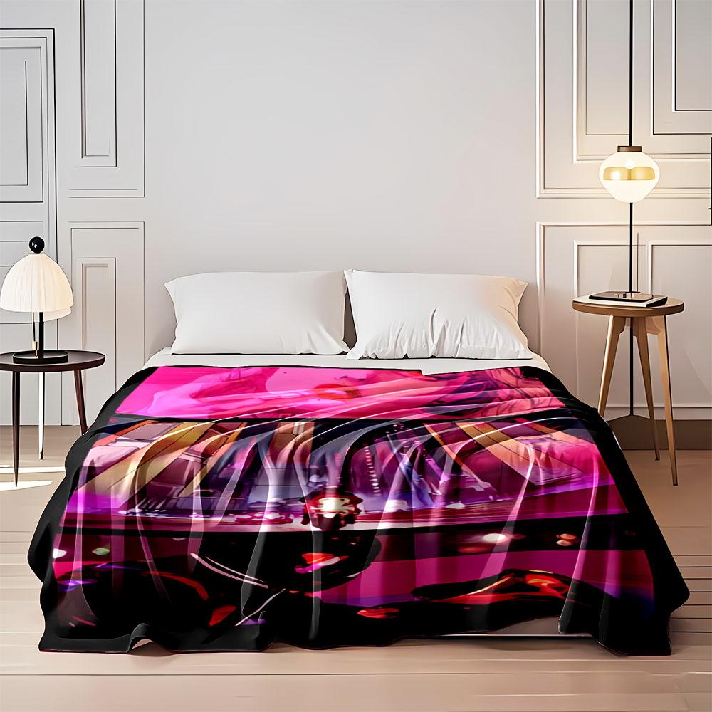 A neon-lit futuristic scene with a focus on a motorbike and characters. for all seasons blanket lunch break throw gift