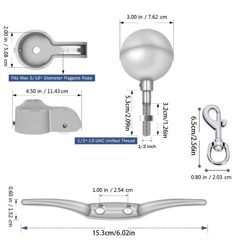 3Inch Aluminum Alloy Flagpole Ball With Locking Nut & 2Inch Nylon Pulley Flagpole Truck For 1.6-2Inch Outdoor Flag Poles