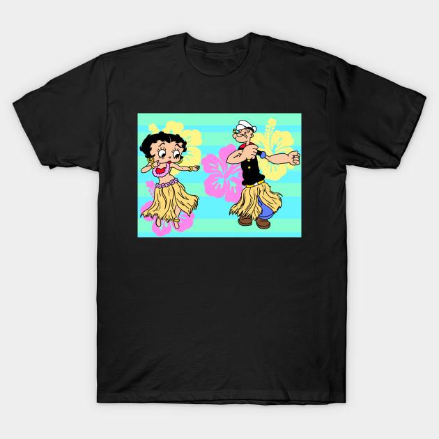 Men Black Print T-shirt Popeye & Betty Boop Luau No-Cut Transfer Paper Print Cotton Tshirt
