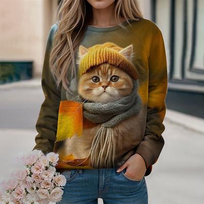 Осенняя женская толстовка с принтом 3D Kawaii Cat, свободный свитер с круглым вырезом и длинными рукавами, модный повседневный пуловер с принтом 3D Animal Clothing