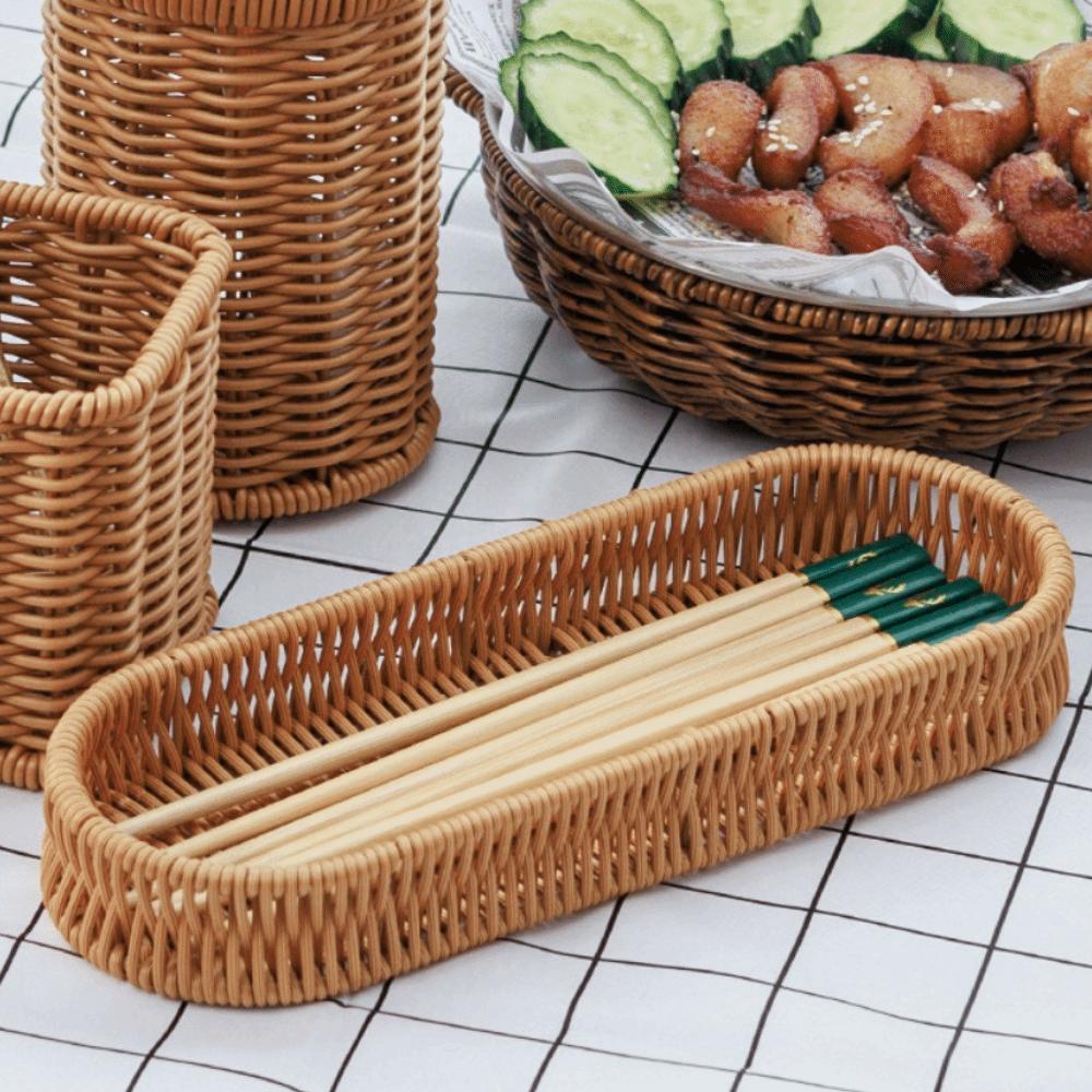 Retro Tableware Storage Basket Minimalist Desk Shelf Baskets Faux Wicker Tray Kitchen Utensils