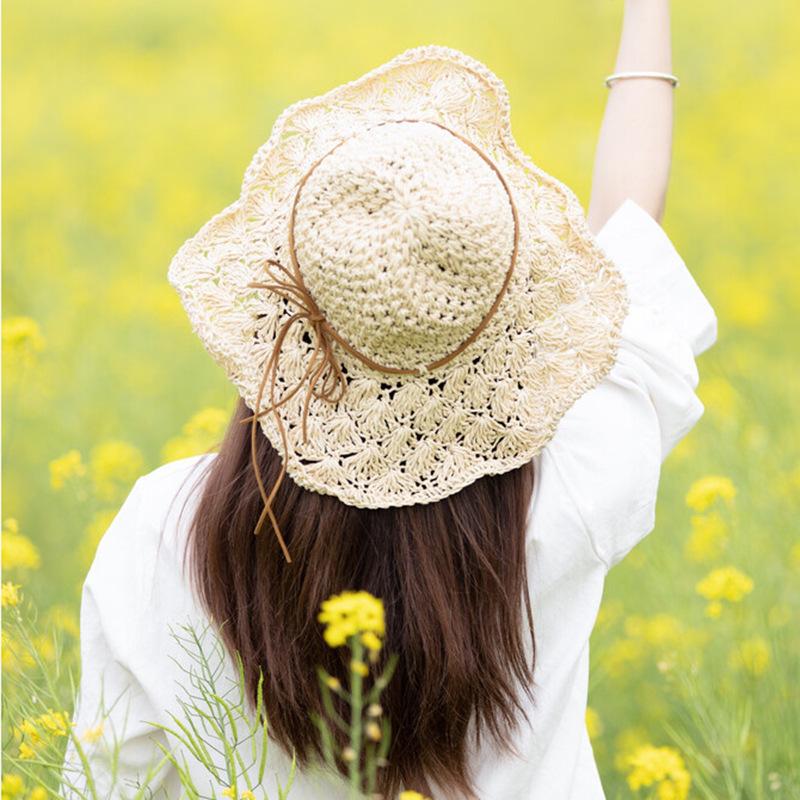 Женская соломенная шляпа с кружевным бантом, летняя шляпа с защитой от солнца, модная складная шляпа