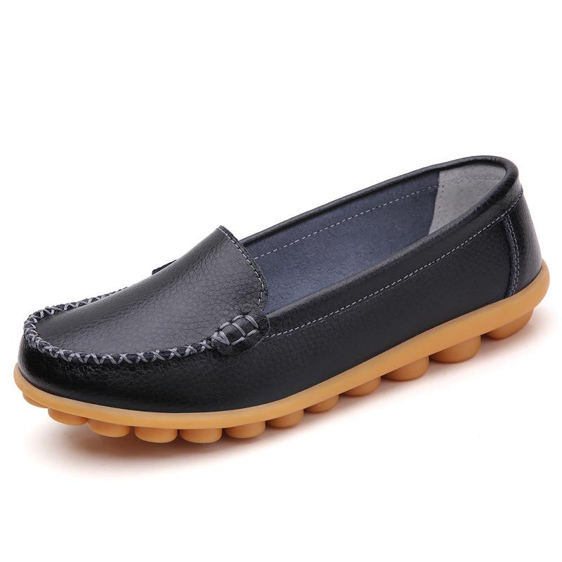 Shoes for Women Spring Large Size Genuine Leather Women's Shoes Round Toe Flat Casual Shoes for Women Non-slip Pregnant Women Bean Shoes for Women