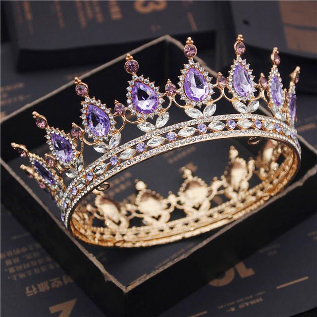 Невеста Королевский Фиолетовый Кристалл Королева Король Диадемы и Короны Свадебное Театрализованное Платье Диадема Головное Украшение Свадебные Украшения Для Волос Аксессуары