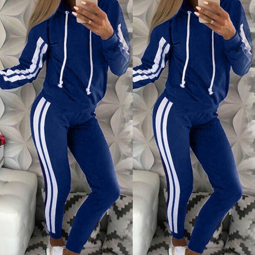 Fashion Women Casual Stripe Hooded Long Sleeve Pullove Sport Tops+Long Pants Set