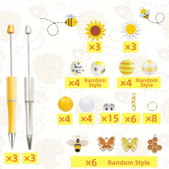Acrylic And Wooden Beads for Pens Sunflower Bee Beaded Ballpoint Pen Set, DIY Easy Assemble Handmade Making Supplies Kits, Smooth Writing Pen,