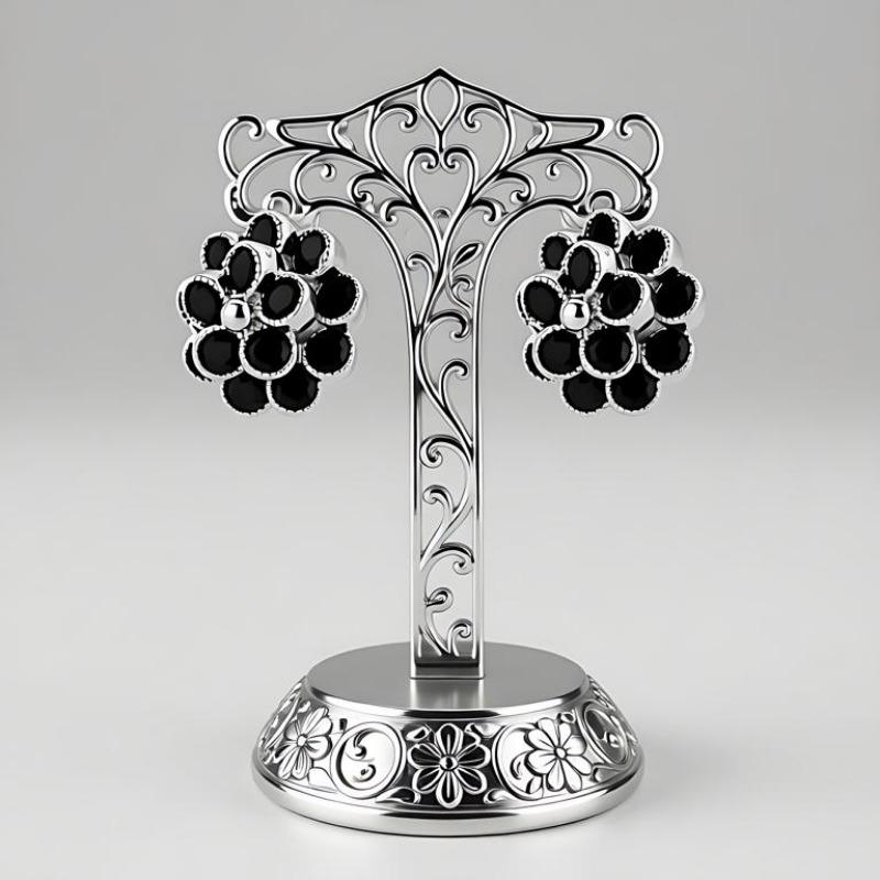 Black Awn Украшения Черные Украшения Черный Камень Цветок Серьги-Кольца