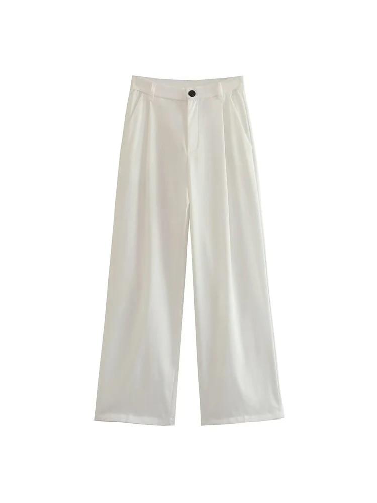 Повседневные плиссированные широкие брюки, женские винтажные брюки с высокой талией и молнией, женские офисные брюки с карманами на пуговицах, длинные брюки Mujer