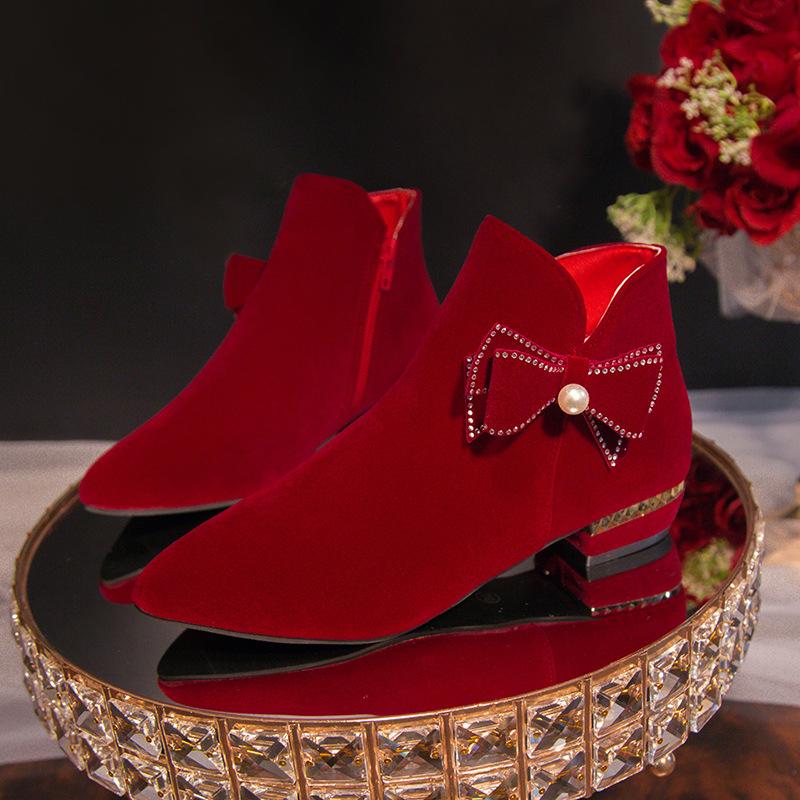 Ботильоны невесты осень-зима 2025 новые бордовые праздничные свадебные ботильоны со стразами и бахромой на толстом каблуке, не утомляющие ноги, модные ботильоны