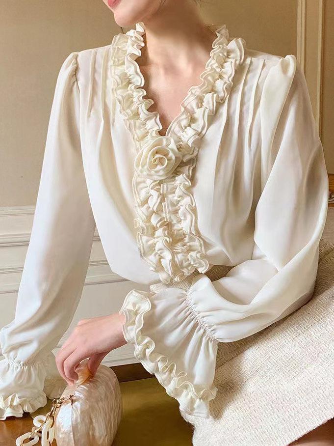 Spring 2026 French Rose Lace Drape Long-Sleeve Top