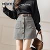 Striped Autumn Winter Skirts Womens Mini Slim Belt A-line Skirts Chic Korean Fashion Button Pocket Women Skirt