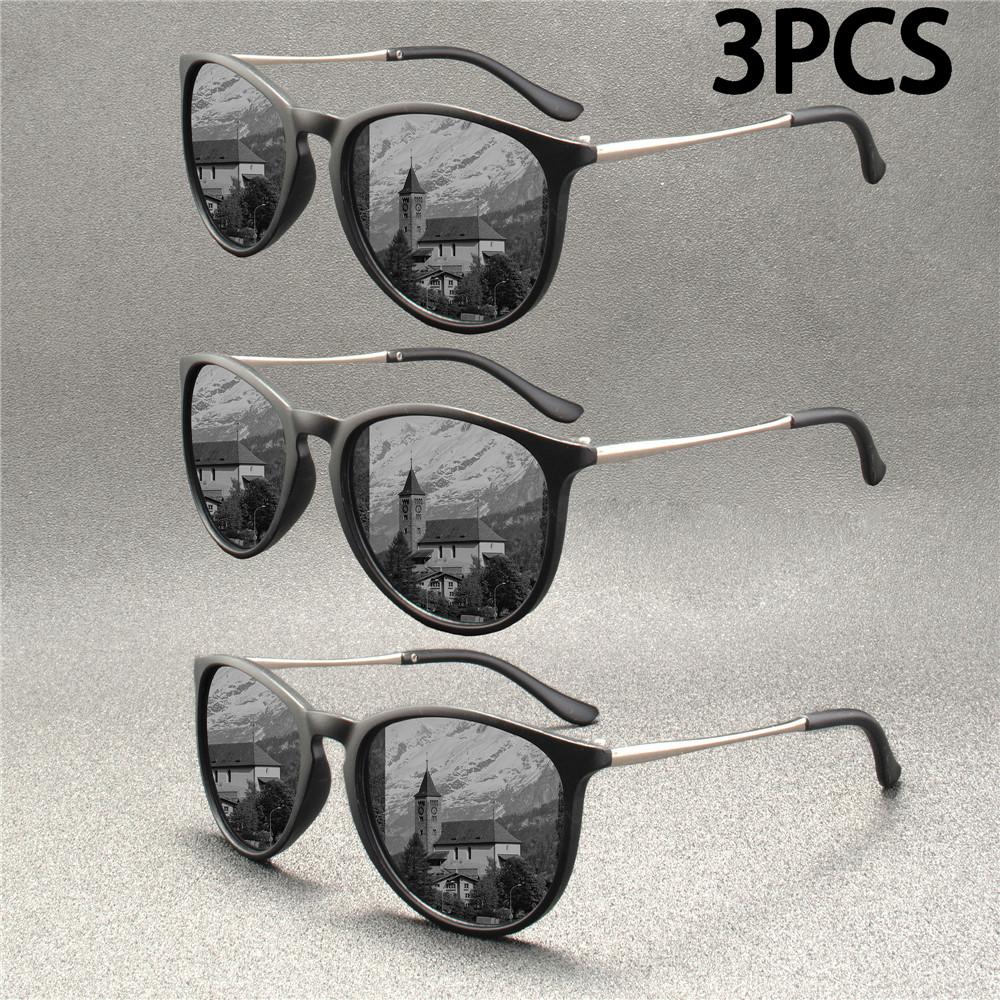3PCS  Retro Male Round Sunglasses Women Men Brand Designer Cat Eye Sun Glasses Alloy Mirror