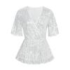 Women Sequin Tops V-Neck Ruffle Sleeves Glitter Blouses Waist Tight Elastic Hem Evening Cocktail Shiny Tops