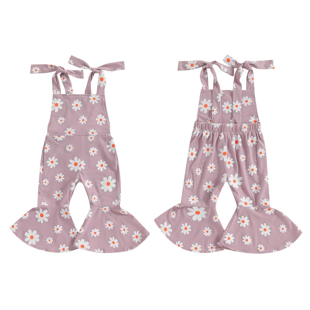 Toddler Girls Summer Flare Jumpsuit Daisy Print Sleeveless Tie-Up Bell-Bottoms Romper