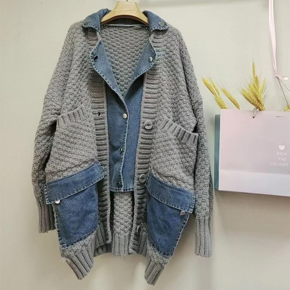 Модный повседневный джинсовый сплайсированный длинный рукав вязаный кардиган свободный толстый женский свитер пальто зима осень новый