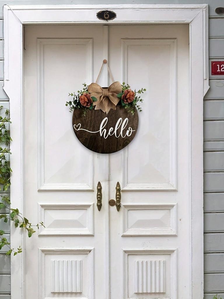 1 Piece Wooden Round Hello Welcome Wreath Sign Hanging Decorating Front Door, Farmhouse Porch Sign and Artificial Greenery