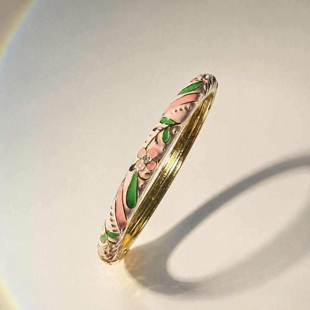 Colorful Gold Plated Floral Bangle Retro Rhinestone Inlay Oil Dipping Cuff Elegant