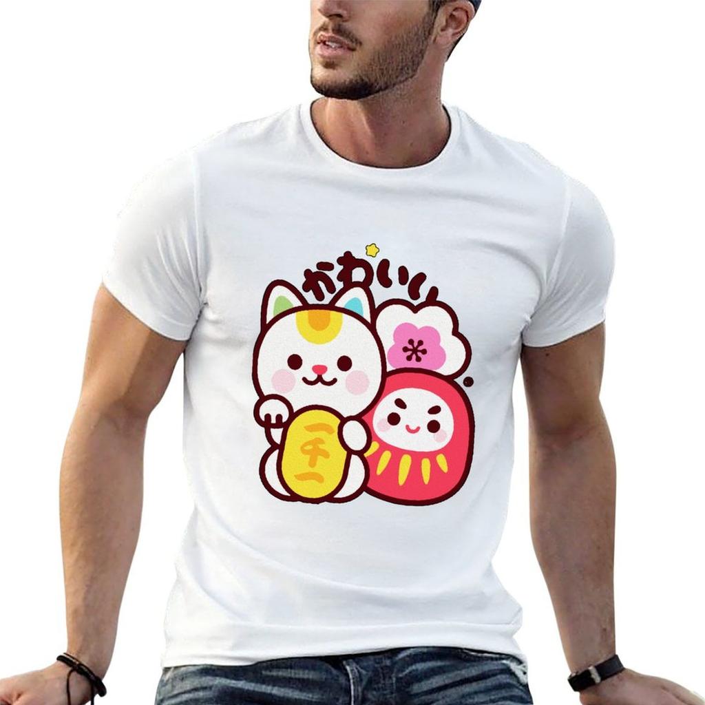 Кавайная футболка Maneki Daruma Кавайная наклейка Футболка футболка man дизайнерские футболки для мужчины упаковка белая Футболка