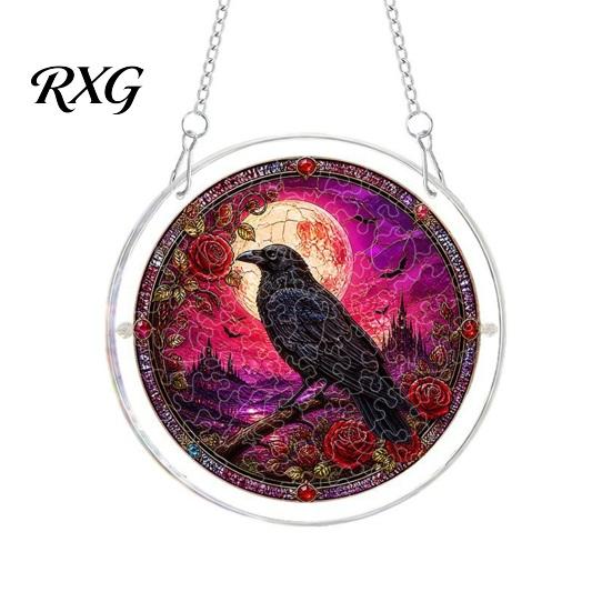 Retro Fairy Tale Hanging Sign Halloween Puzzle Ornament, Stained Glass Style Window Hangings, Acrylic Wall Moonlit Forest Pendant with Metal Chain for