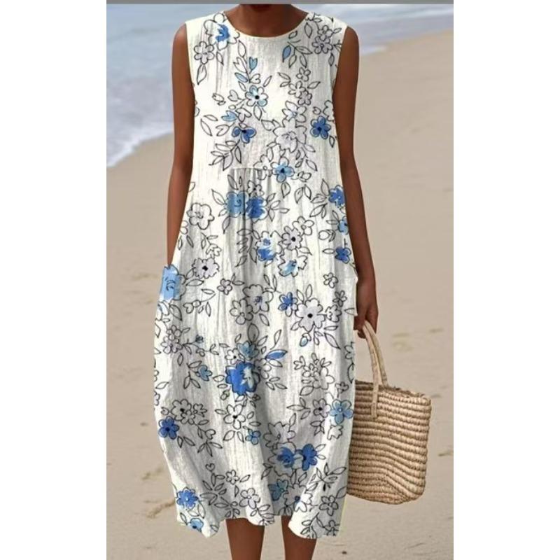 LYRIA 3D Print Roundneck Lightweight Dress Sleeveless Summer Beach Dress Casual Fashion A-Line Dress Women Elegant Floral Dresses