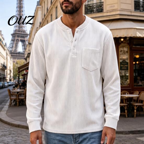 Winter Thick Wide Stripe Tops Men Corduroy Pullover Shirt, Long Sleeve Button Collar with Chest Pocket, Daily Wear Shirt Loose Fit Ribbed Textured