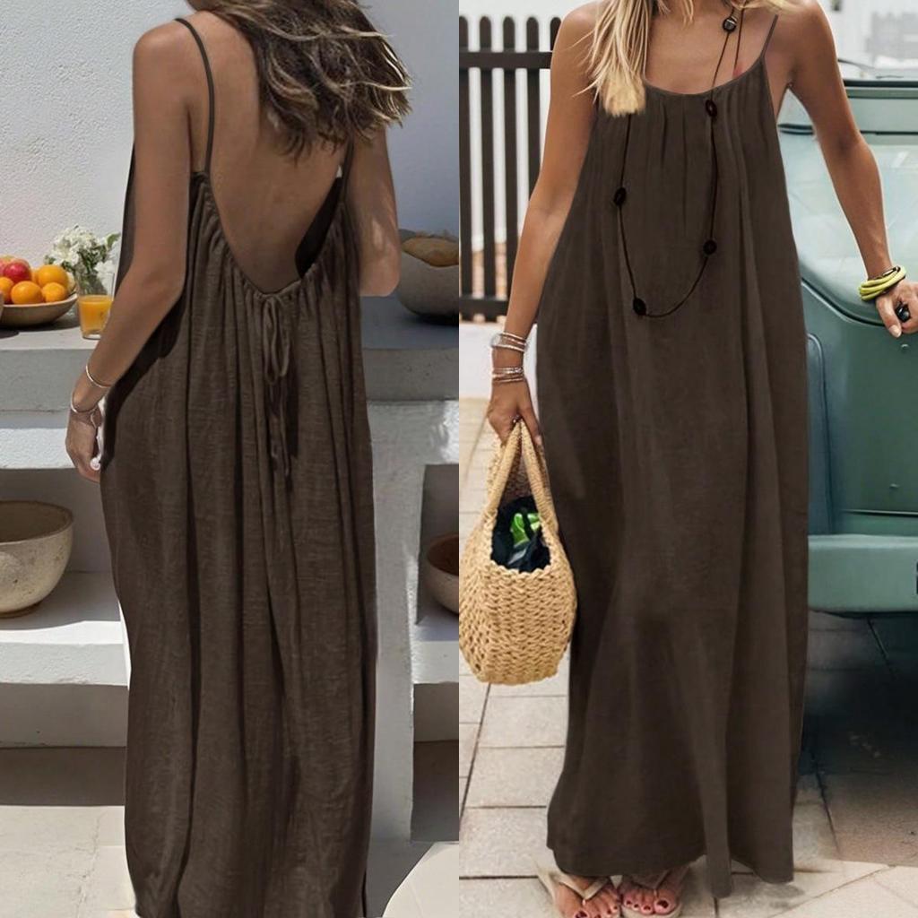 Длинное платье-рубашка с открытой спиной на бретельках из мятой ледяной шелковой ткани - Лето 2026 Однотонное со сборками Пляжный отдых Женская одежда