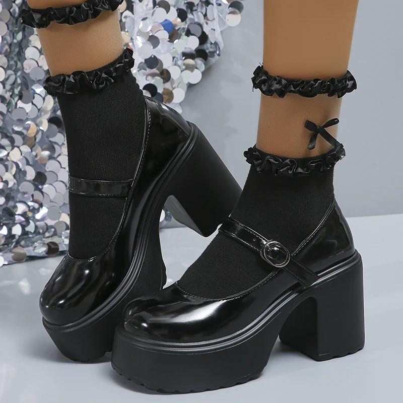 Туфли Мэри Джейн на толстой платформе Y2K, женские туфли на очень высоком каблуке, лакированные туфли-лодочки, женские туфли для вечеринок с пряжкой на щиколотке и толстым каблуком 42